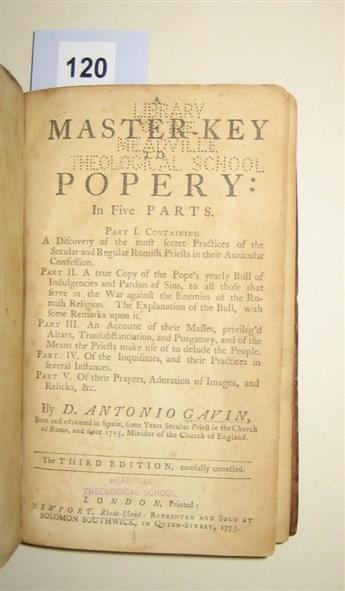 (EARLY AMERICAN IMPRINT.) Gavin, Antonio. A Master-Key to Popery.